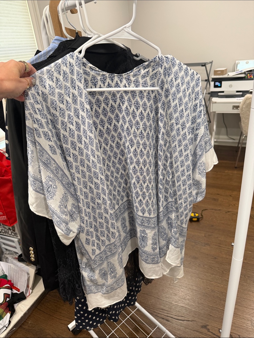 White and Blue Printed Kimono-Style Throw